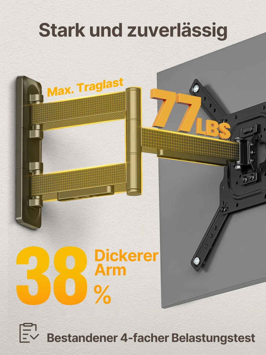 monTEK TV Wandhalterung für 23-65 Zoll Fernseher oder Monitor bis zu 35kg, Schwenkbare Neigbare Full-Motion TV Halterung mit 423mm Auszug, Universal Wandhalterung Fernseher, Max. VESA 400x400 mm