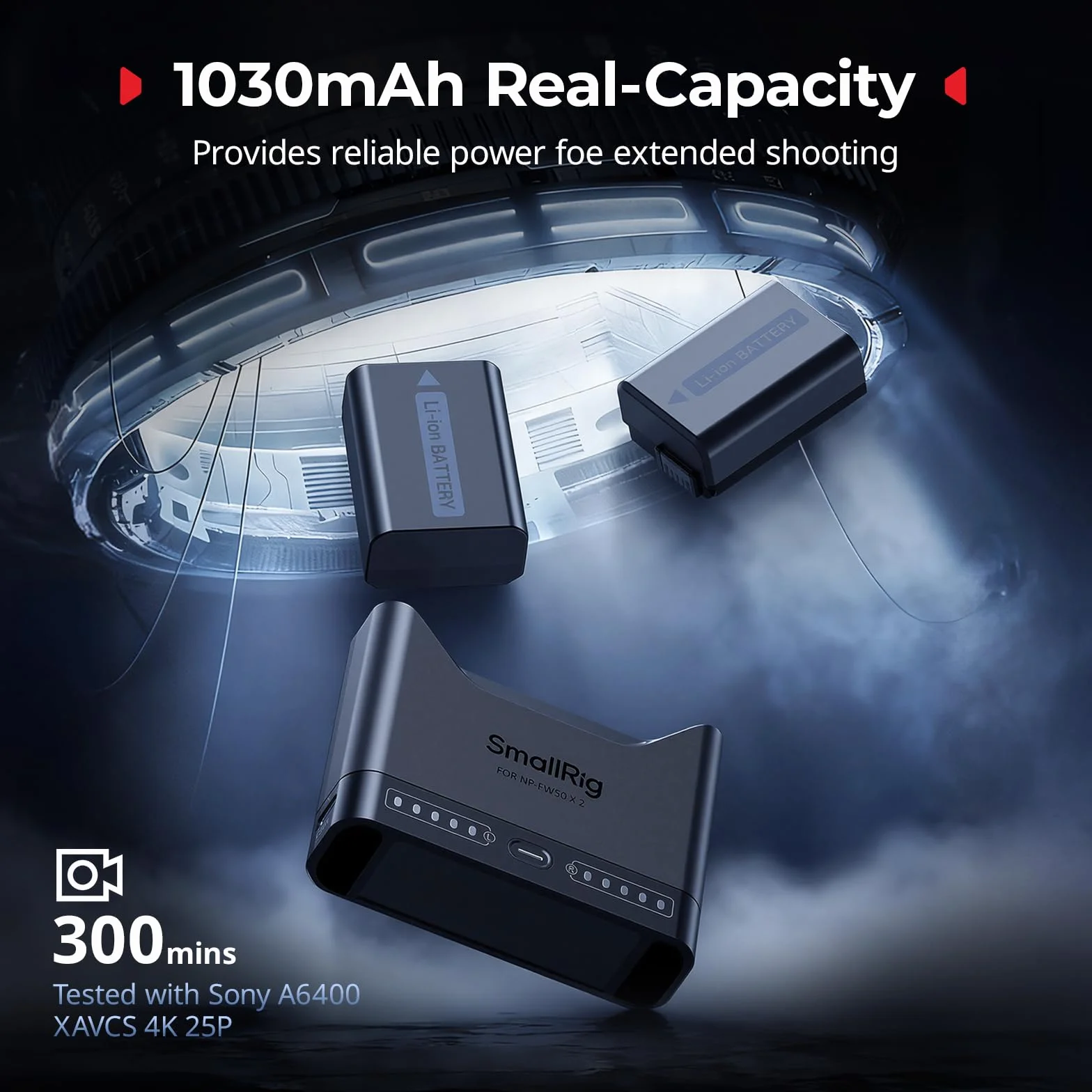 SMALLRIG NP-FW50 Kamera-Akkuset für Sony, 11W-Doppel-Ladegerät mit 1030mAh-Akkus, Vollständig für Sony A6000, A6100, A6300, A6400, ZV-E10, A7, A7S, A7R, A7SII, A7RII, A5000, A5100, ILCE-QX1-5488