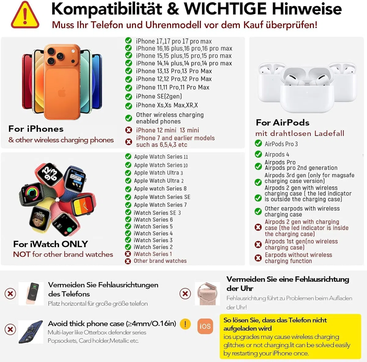 Aimtel 3 in 1 Induktive Ladestation Faltbare&Nachtlichter Kompatibel mit iPhone 17/17 Pro/17 Pro Max/17 Air/16/15/14/13,Apple Watch 11/Ultra 3/10/9/8/SE 3 für Air-Pods Pro/4/3/2 Kabelloses Ladegerät