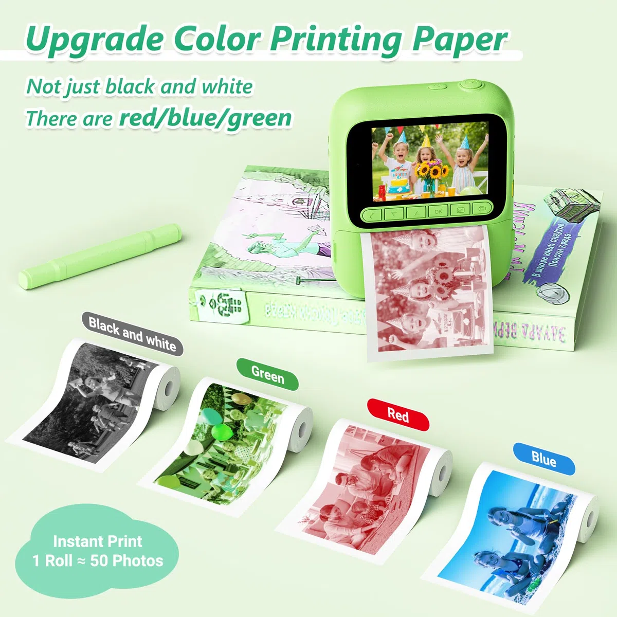Sofortbildkamera für Kinder,1080P Kinderkamera mit 5 Rollen Druckpapier,32GB-Karte und Farbstiften,Tragbare Digitalkamera für Jungen und Mädchen,Geschenke für Kinder im Alter 3–14 Jahren (Grün)