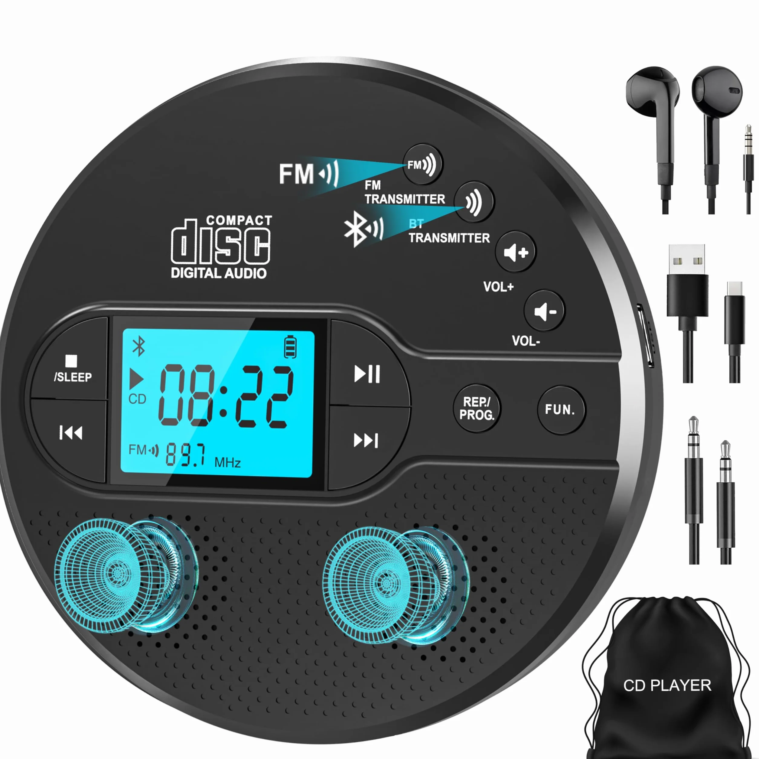 NEU Bluetooth CD Player Tragbar, Greadio Discman CD Player mit 2000mAh Wiederaufladbarer, Kompatibler FM-Transmitter, USB, AUX-Ausgang, CD Spieler mit Kopfhörer und Anti-Skip/Stoßfest