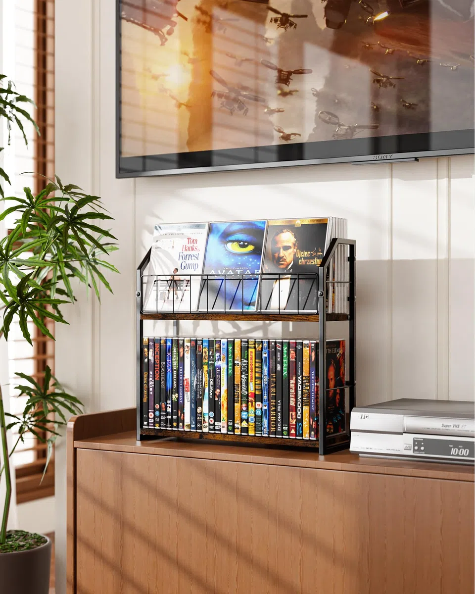 TJ.MOREE 2-stöckiges DVD-Rack mit 56 Ebenen und Schallplattenaufbewahrung, industrieller Retro-Kohlenstoffstahl/Holz, platzsparender Schreibtisch-Organizer