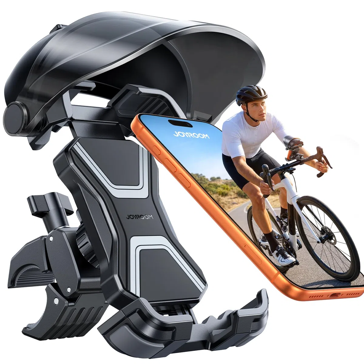 2026 JOYROOM Handyhalterung Fahrrad mit Sonnenblende, Handyhalter Motorrad Anti-Reflex, 1S-Montage, Universal Handy Halterung Fahrradlenker Kompatibel mit iPhone 17/16 und Samsung S26 (4,7-7 Zoll)