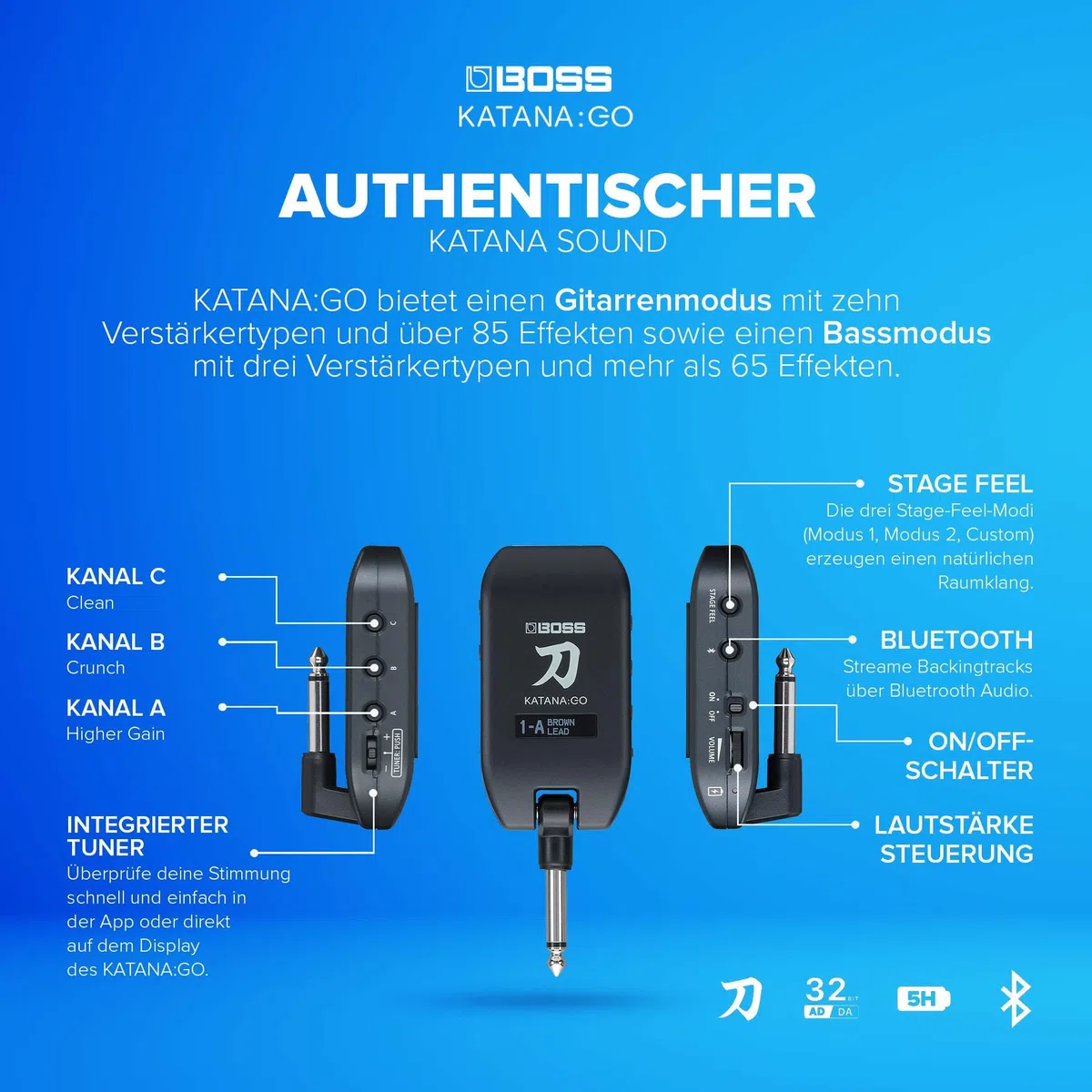 BOSS Katana:GO, Personal Headphone Amplifier für Gitarre & Bass, Spielfertige Sounds aus den Katana Bühnenverstärkern, Innovative Raumklangtechnologie, Bearbeite Sounds & streame Backingtracks