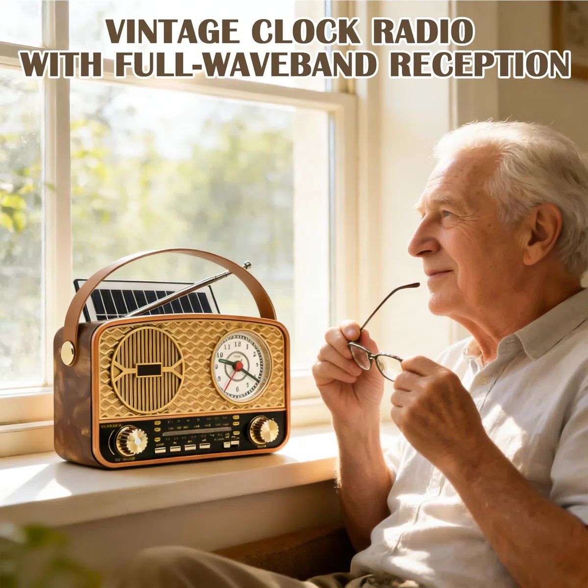 Retro Radio AM/FM/SW Radio Tragbar Klein, VintageRadio Betrieben Akku solarradio mit Solarpanel, Küchenradio Kofferradio mit Bluetooth Lautsprecher Unterstützt USB/TF Funktion Uhrfunktion