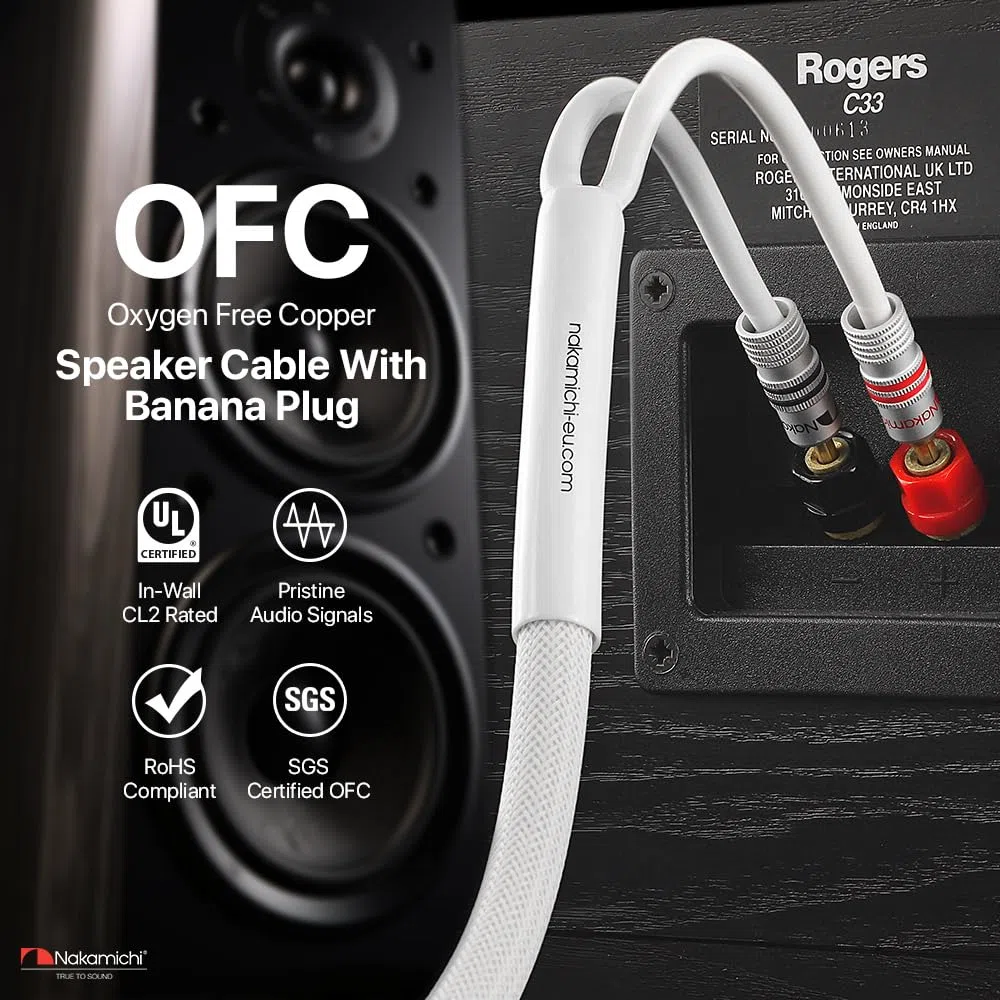 Nakamichi 24K vergoldeter Bananenstecker mit (6 Fuß) Lautsprecherkabel, 99,9% sauerstofffreies Kupfer (OFC), robustes geflochtenes Kabel, Heimkino-Verstärker - Weiß (14AWG / 6 Fuß / 1,8 Meter)