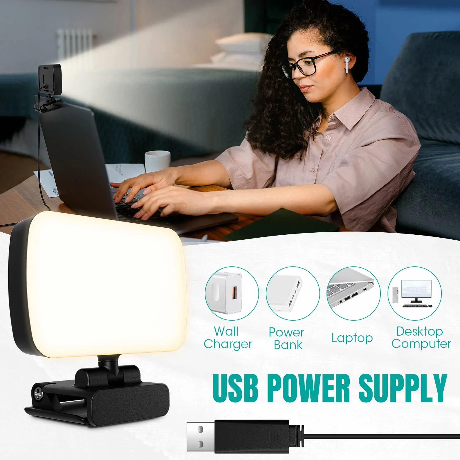 RealPlus Videokonferenz Licht mit Clip &USB-Kabel, 120 LED+3 Lichtfarben+10 Helligkeiten+360°Drehbar Beleuchtung, Streaming Licht, Fotolicht, Webcam-Licht, für PC-Monitor/Zoom-Meetings/Geschenk, Büro