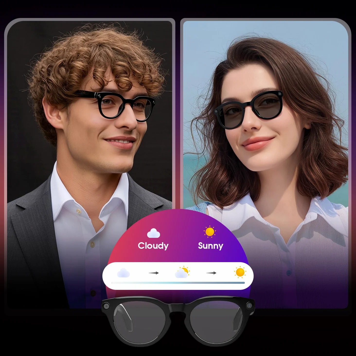 AI Smart Glasses mit Kamera, 8MP HD Kamera Brille, Lautsprecher mit Offener Rückseite, Photochrome Gläser, Unterstützt Foto, Videos, KI Brille für Outdoor-Aktivitäten, Radtouren, Wandern, Reisen