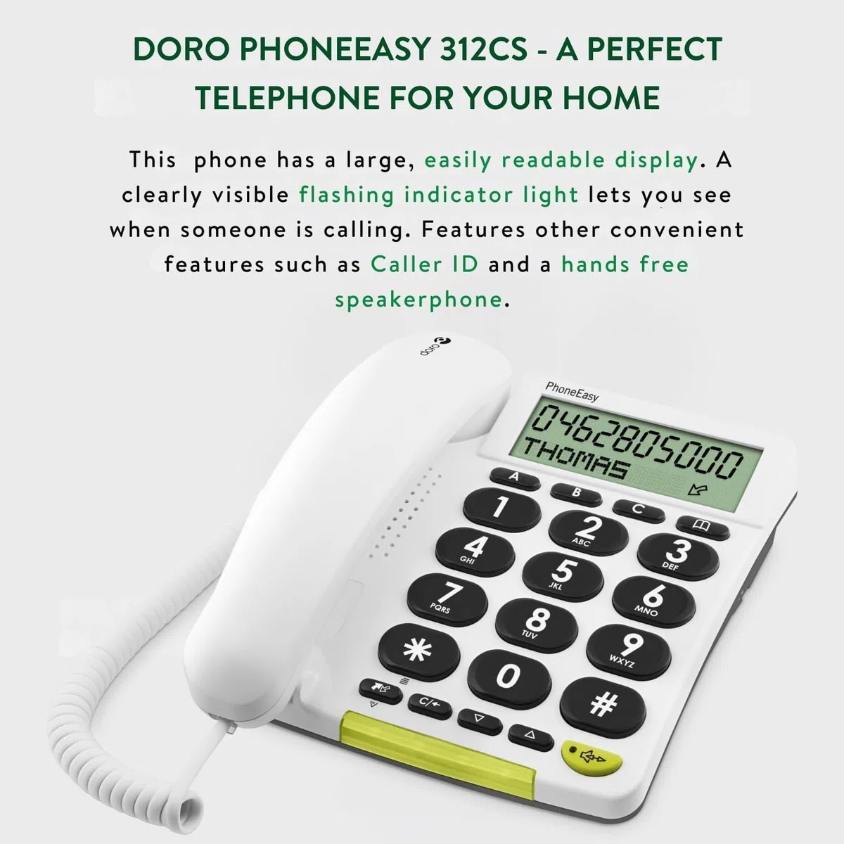 DORO - Doro PhoneEasy 312cs - Schnurgebundenes Festnetztelefon - Große Displayanzeige - Extra große Tasten - Freisprechfunktion - Lautstärkeregler - Anrufanzeige - Schwarz