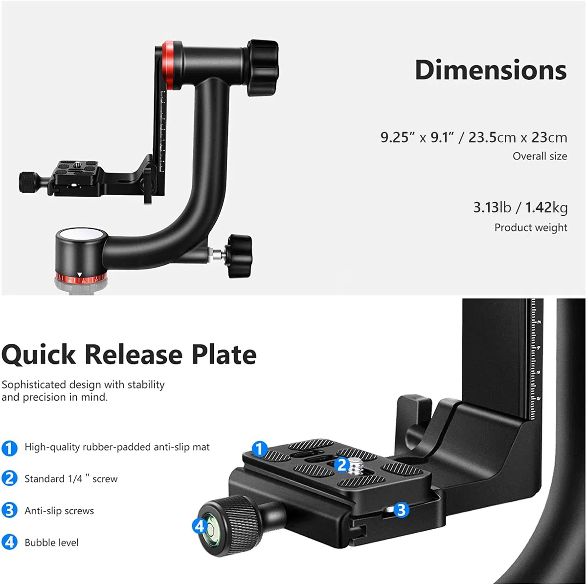 NEEWER Gimbal Stativkopf Professionelle Hochleistungs Aluminiumlegierung mit Arca Schnellwechselplatte, GM101 unterstützt reibungslosere 360 Grad Panoramaaufnahmen für DSLR Kameras bis zu 13,6kg