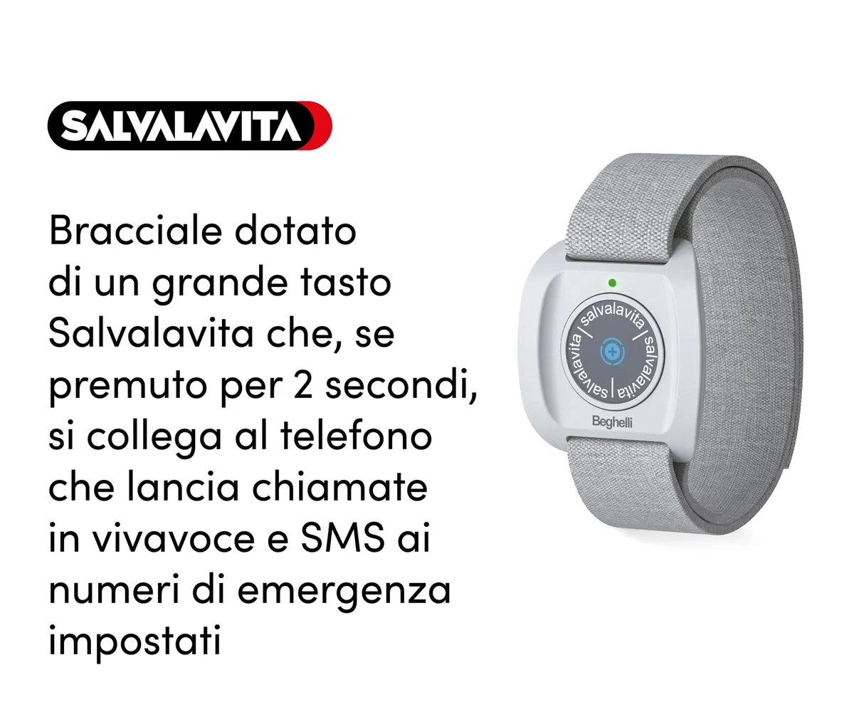 Beghelli - SLV30 Freisprecheinrichtung Plus + Armband für Senioren, GSM SOS, Schnellanruf, tragbare Telekommunikation, GPS, Fallsensor, großes Display, 2,8 Zoll, Weiß
