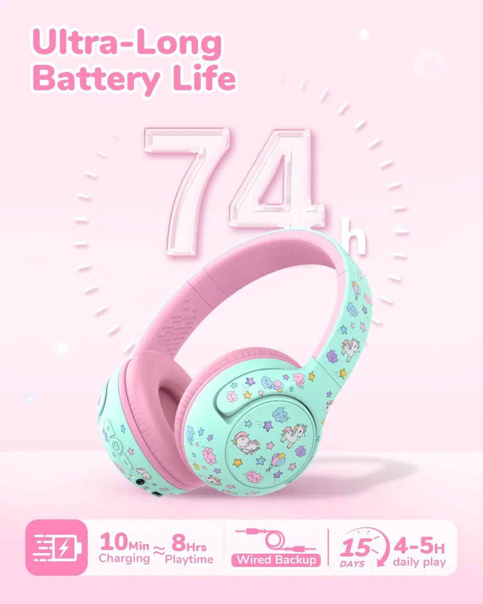 iClever Bluetooth Kopfhörer Kinder, 2+ Jahre alt CPC-Zertifiziert, 75/80dBA Sichere Begrenzte Lautstärke, 74 Std. Spielzeit, Bluetooth 5.4, BPA frei, Kopfhörer Kleinkind Aux Kabel für Reise iPad