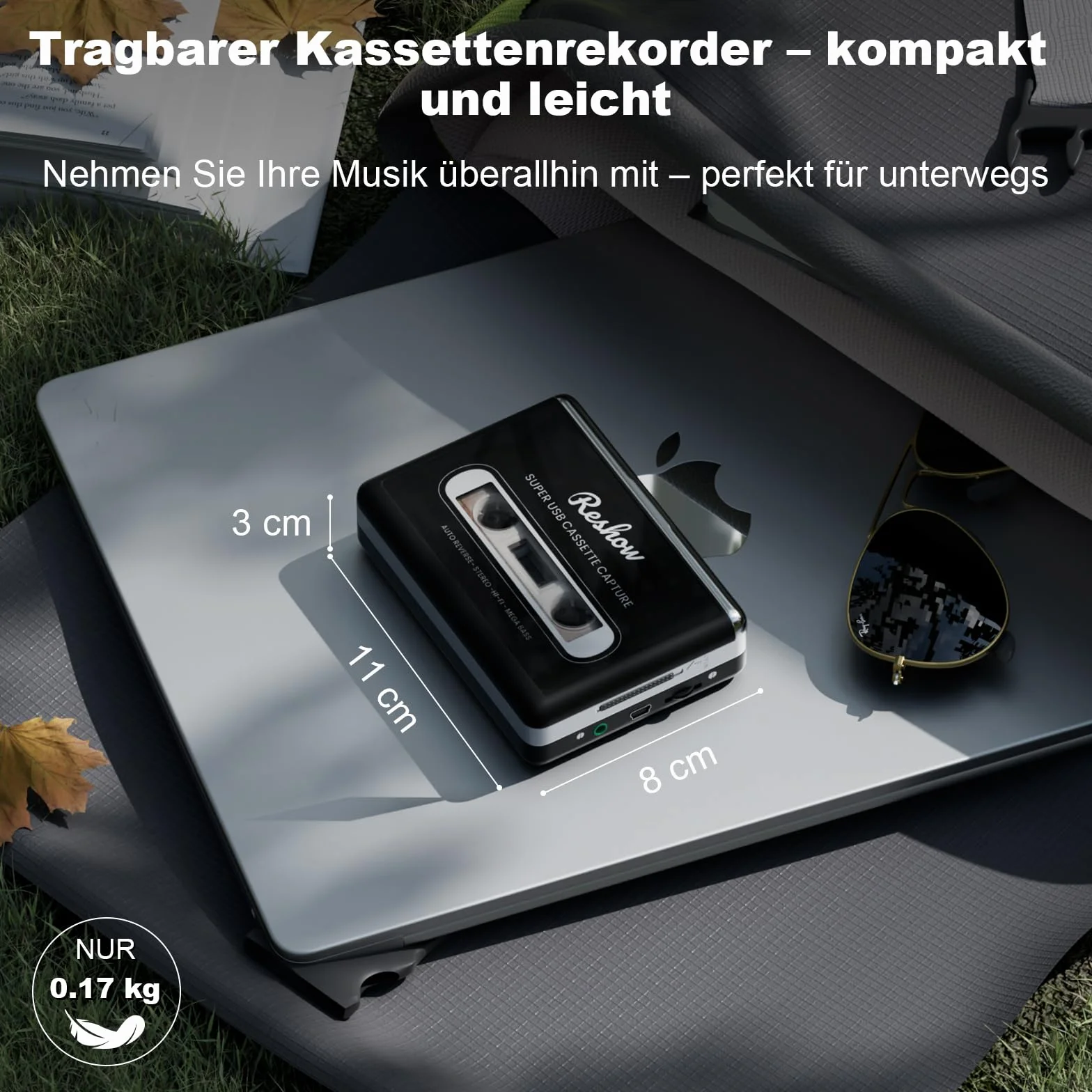 Reshow tragbarer Kassettenspieler, Bandkassetten über USB in MP3 umwandeln & MP3-Musik aufnehmen – Schwarz