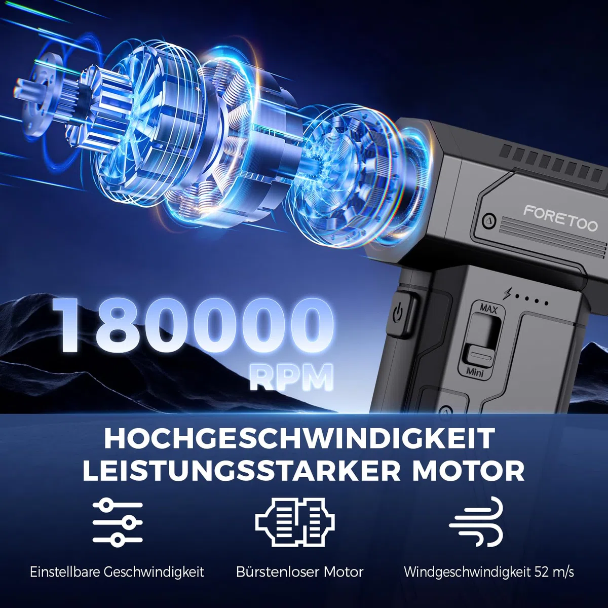 Druckluft-Luftreiniger, 180.000 U/min Super Power kabelloser elektrischer Luftreiniger, 7500 mAh wiederaufladbarer bürstenloser Motorlüfter, 3-Gang verstellbarer Turbo-Ventilator-Luftreiniger für
