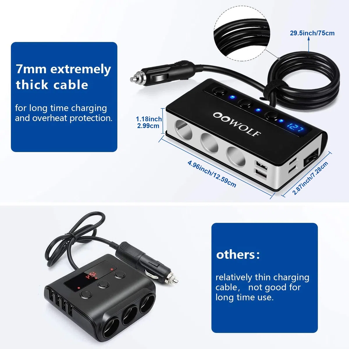OOWOLF Zigarettenanzünder Verteiler, QC 3.0 180W 12V/24V, Adapter Auto Ladegerät, 3 DC Steckdose Splitter 4 USB Anschlüsse KFZ Verteiler für Smartphone, Tablet, GPS, Navi