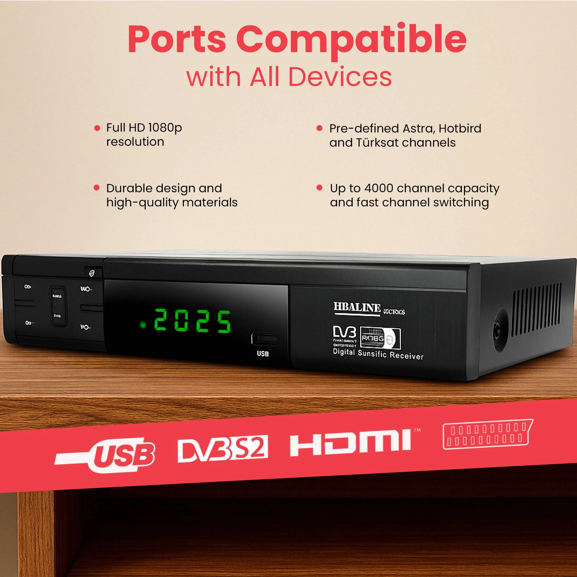 Hd-line 20700 HD Sat Receiver Satellit DVB S2 HD Receiver für SAT Digitaler Satelliten SAT Receiver (DVB-S/S2, HDMI, SCART, 2X USB 2.0, Full HD 1080p) (Vorprogrammiert für Astra Hotbird und Türksat)