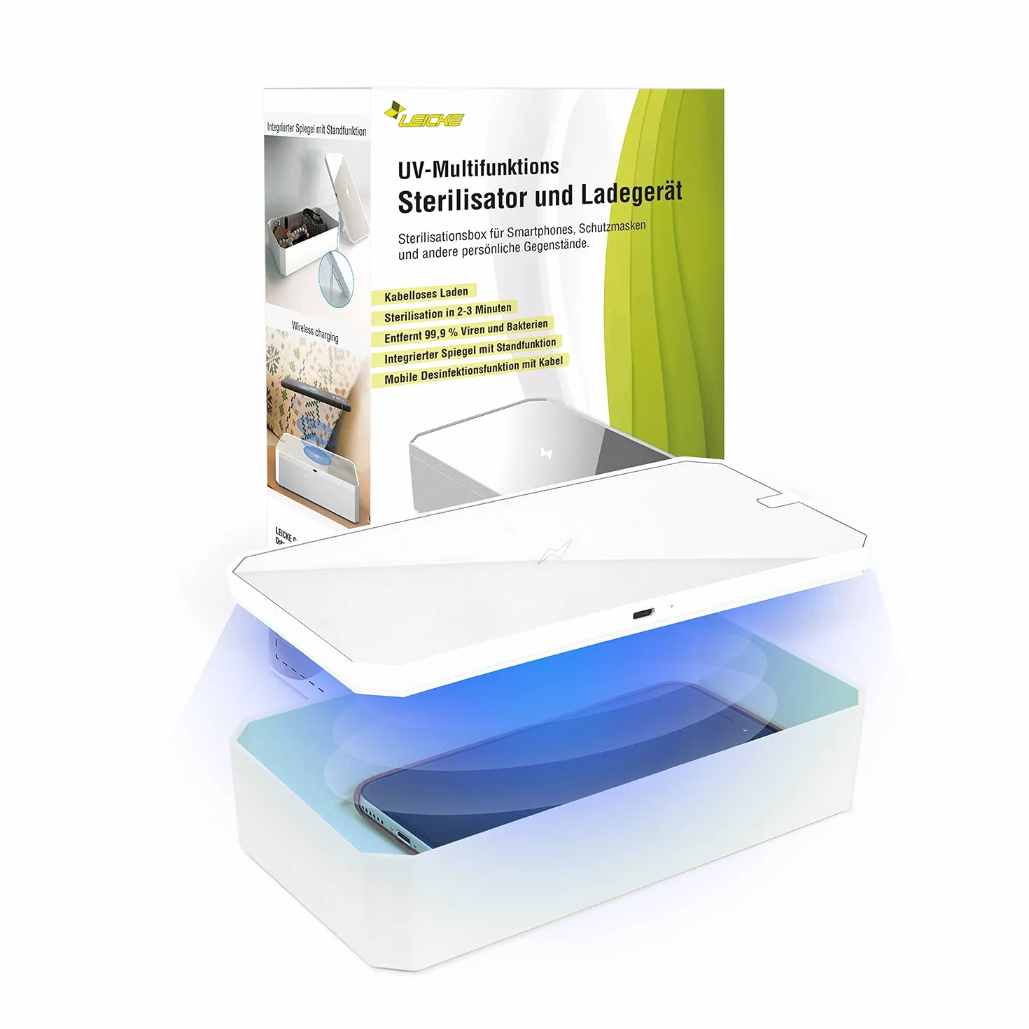 LEICKE UV Handy Sterilisator box | Überbrückungshilfe III möglich | tragbares UV Smartphone Desinfektionsmittel mit Wireless Charge | Ideal für Masken, Handschuhe, Brillen, Schlüssel, Schmuck usw.
