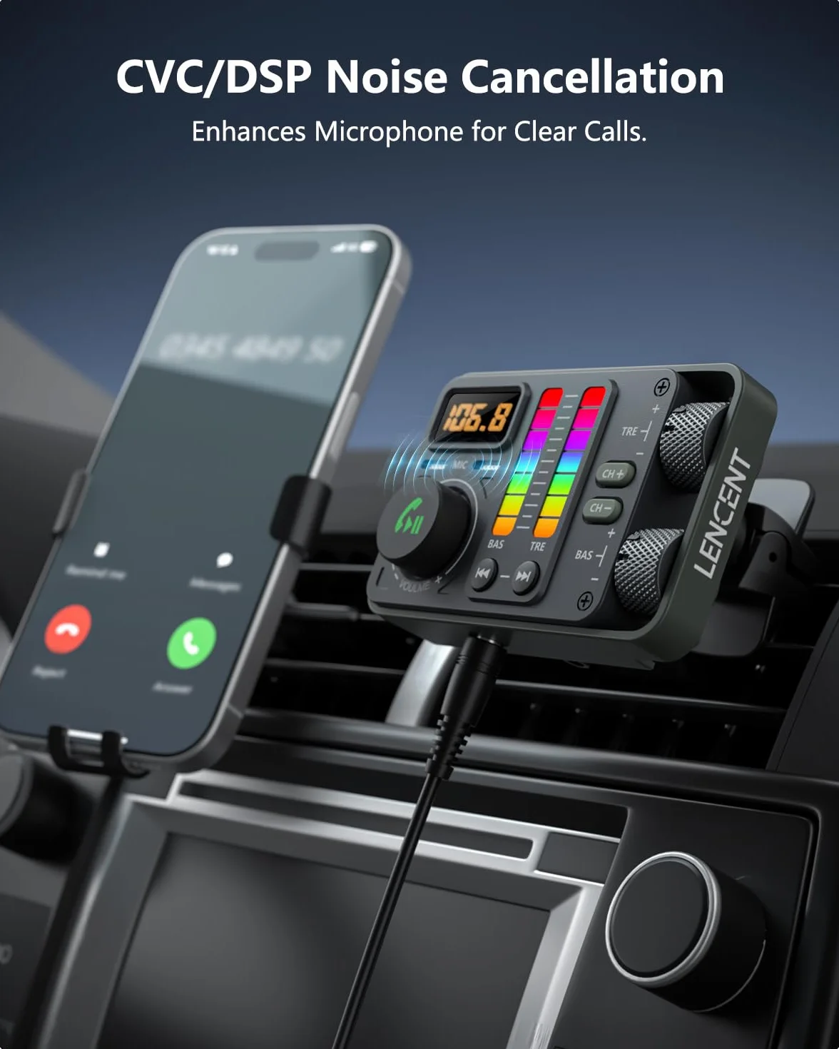 LENCENT Bluetooth 5.3 Auto FM Transmitter, PD20W QC18W Schnelles Autoladegerät, Radio Bluetooth Auto Adapter mit Dual Mics für Freisprecheinrichtung, Siri&Google, U Disk/3.5mm AUX, Hi-Fi Treble & Bass