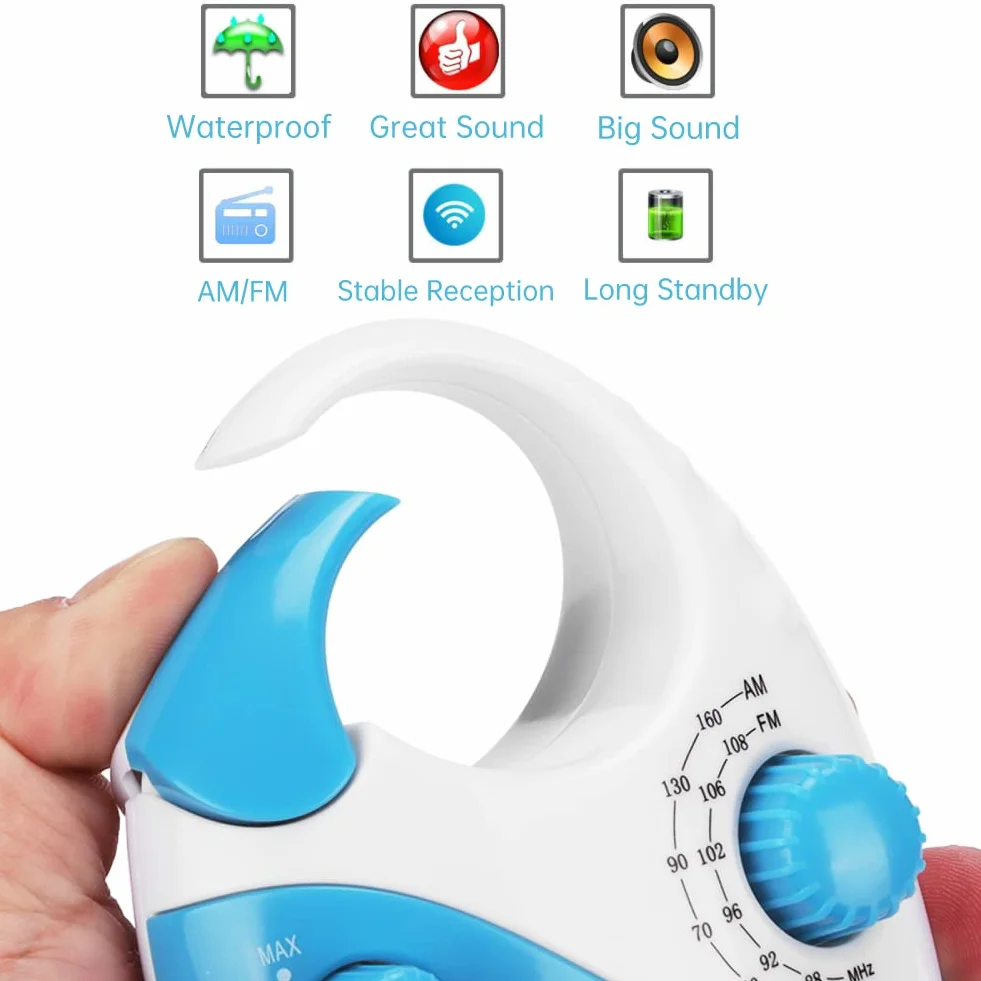 Yunseity Wasserdichtes Duschradio, Tragbares AM-FM-Radio mit Hakendesign, Batteriebetriebenes Radio, Eingebauter Lautsprecher, für Badezimmer, Küche, Außenbereich