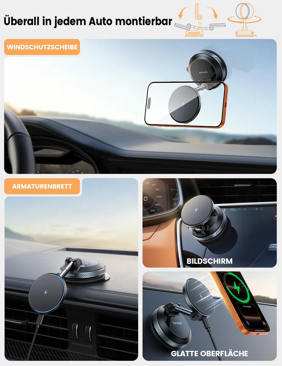 Lamicall 15W für MagSafe Autohalterung mit Ladefunktion - [TOP Vakuum] Magnetische Handyhalterung Auto Saugnapf für Armaturenbrett & Windschutzscheibe, Magnet Handy Halterung Auto Ladegrät für iPhone