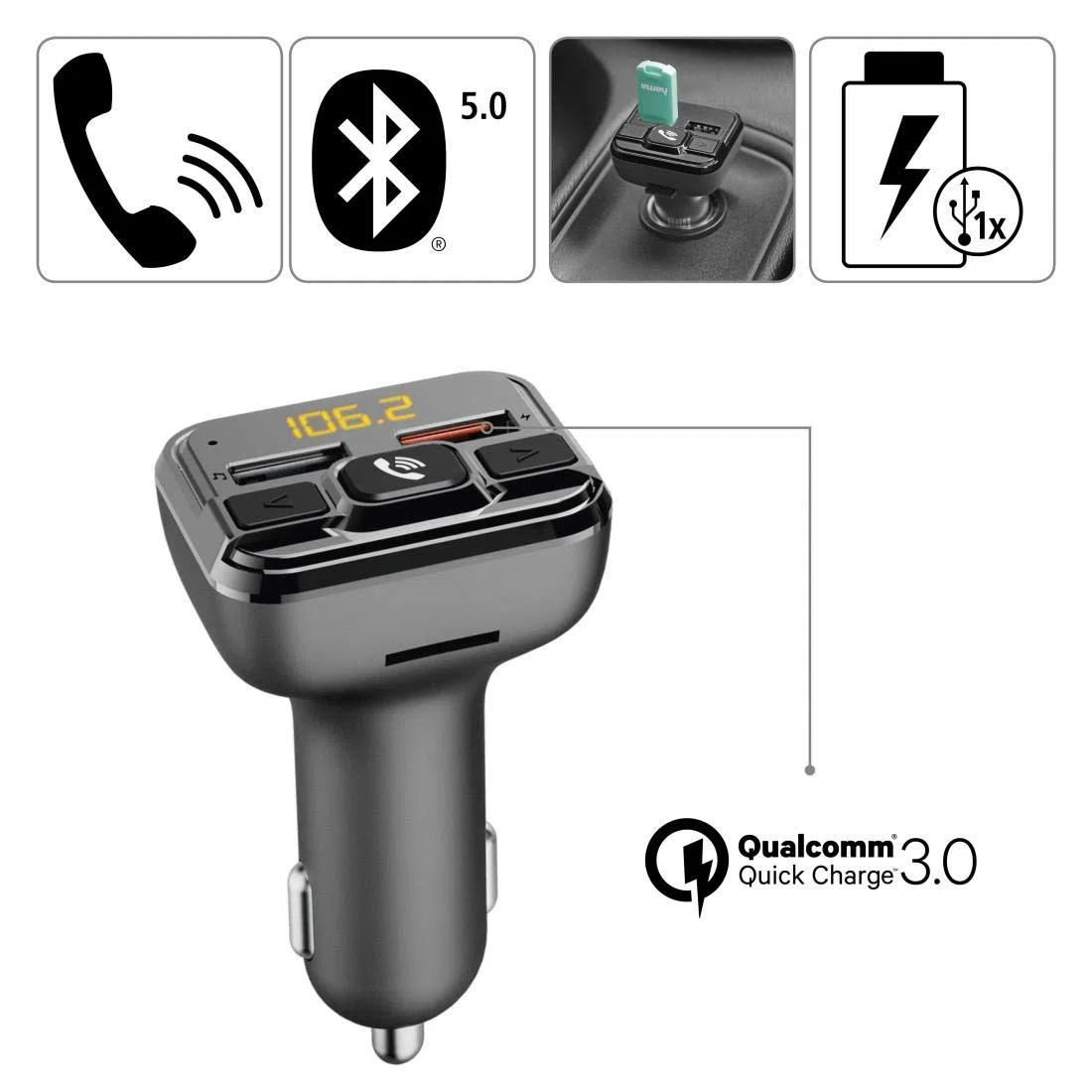 Hama Bluetooth FM Transmitter fürs Autoradio mit Kfz Ladegerät, Freisprecheinrichtung (Auto Adapter für Zigarettenanzünder Buchse mit Anschlüssen für microSD, USB Stick und QC 3.0 zum Laden) Silber