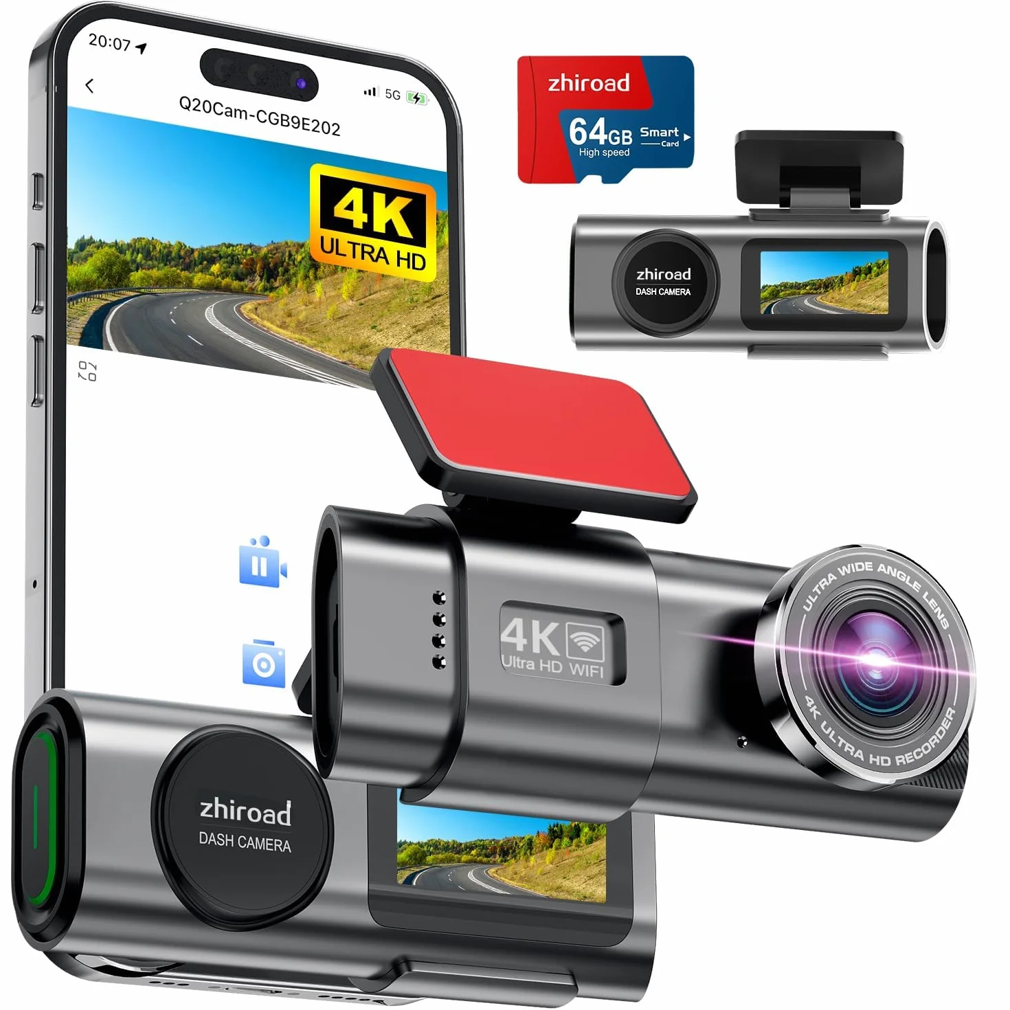 4K WiFi Dashcam Auto Vorne mit 64G SD-Karte, 1.47" IPS Bildschirm, 170° Superweitwinkel, Nachtsicht, WDR, G-Sensor, Loop-Aufnahme, 24H Parküberwachung