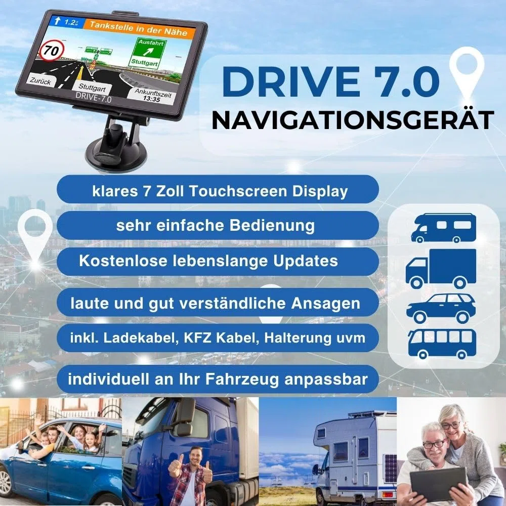 7 Zoll GPS Navigationsgerät Drive 7.0 Navi für LKW, PKW, Wohnmobil, lebenslange Updates
