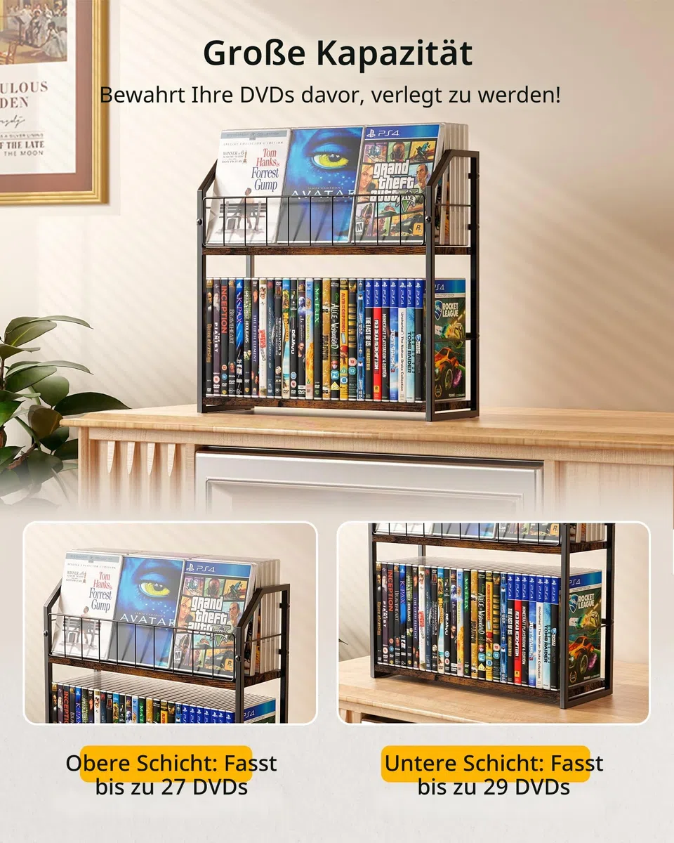 TJ.MOREE 2-stöckiges DVD-Rack mit 56 Ebenen und Schallplattenaufbewahrung, industrieller Retro-Kohlenstoffstahl/Holz, platzsparender Schreibtisch-Organizer