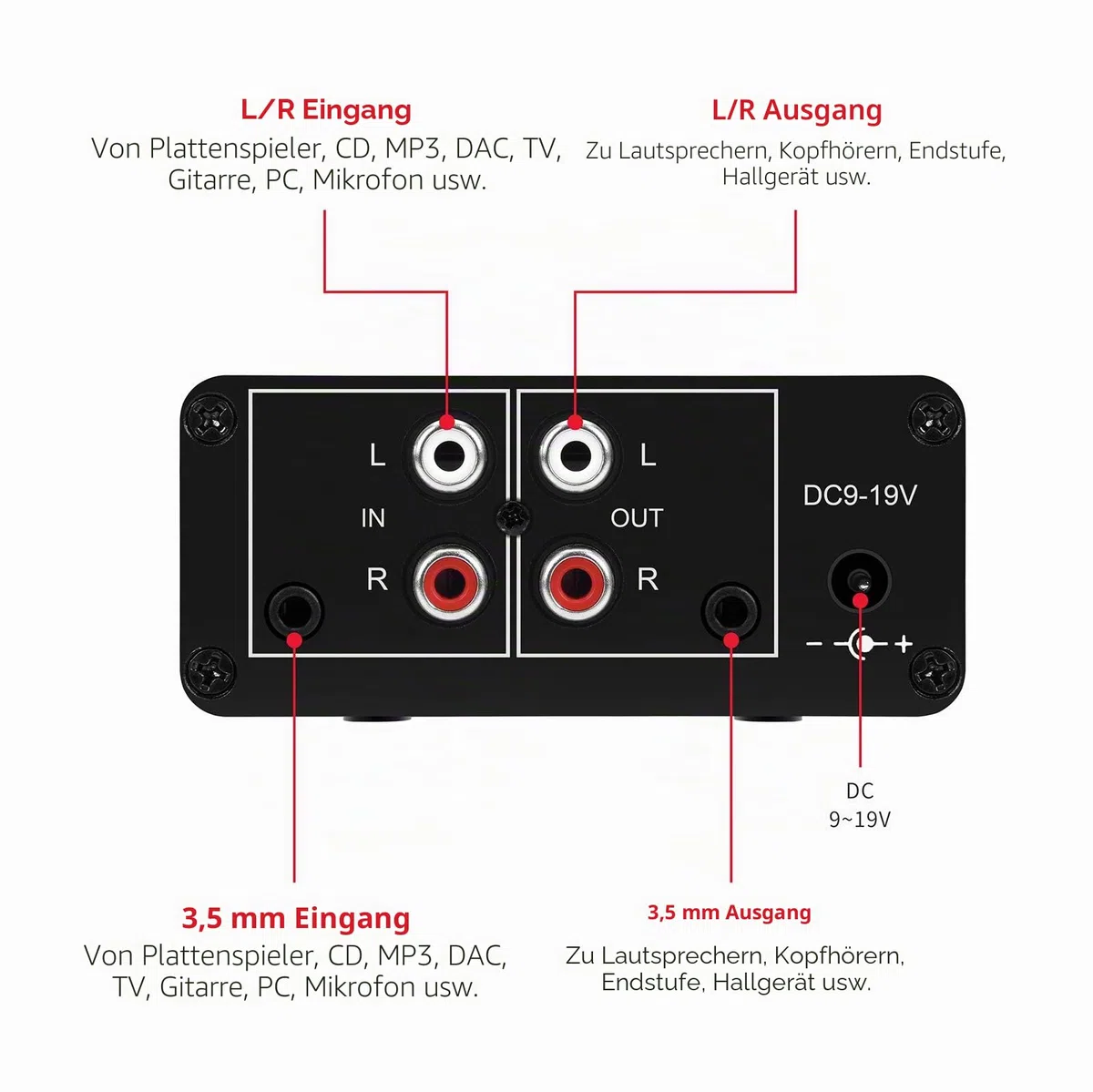 Mini-Stereo-Audio-Vorverstärker, Kopfhörerverstärker, Verstärkung 20 dB Phono-Plattenspieler-Phonographen-Vorverstärker, Dual-OP-Verstärker NE5532 mit Cinch-3,5-mm-Eingang auf Cinch-Ausgang