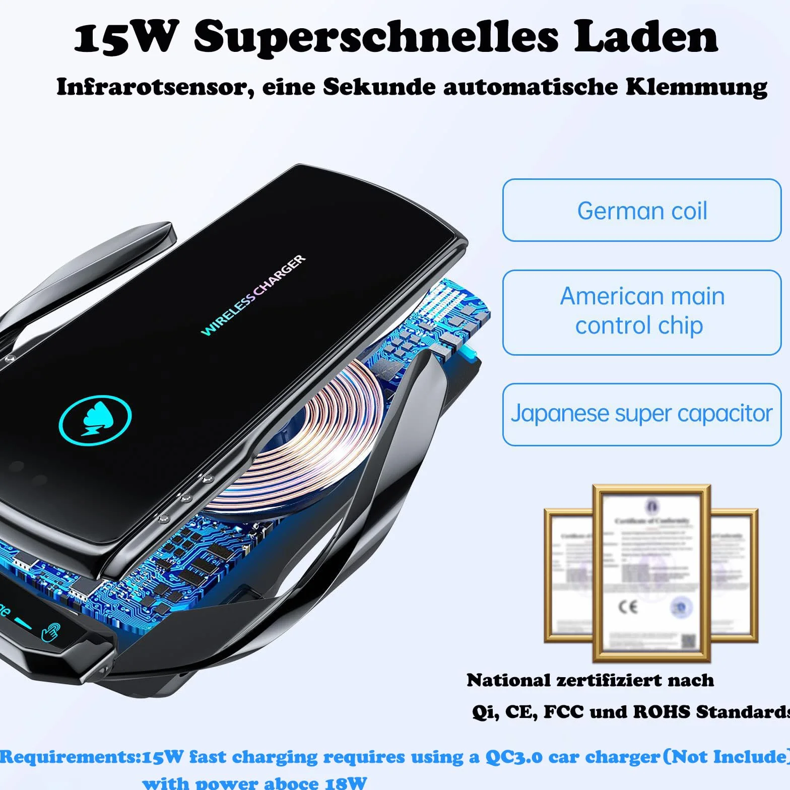15W Handyhalterung Auto mit Ladefunktion,【induktiver Schalter】 Qi Induktive Ladestation Auto Kfz Ladegerät Zubehör Wireless Charger Car für jedes Mobiltelefon (Schwarz)