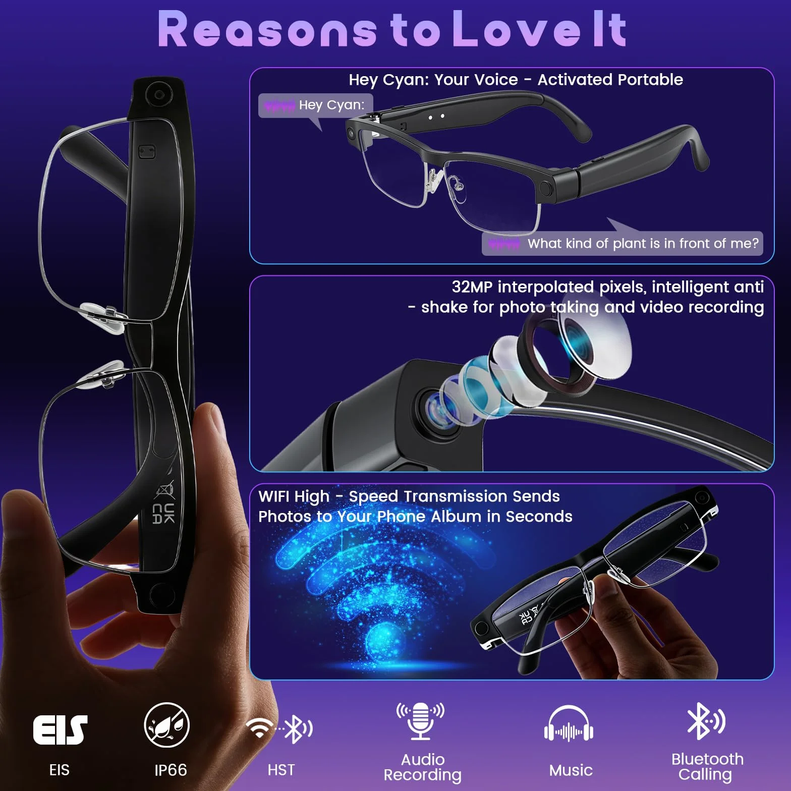 AI Smart Glasses, Intelligente Brille mit 8MP HD-Kamera, Echtzeit-Übersetzung, Objekterkennung, Sprachsteuerung, Open-Ear Audio, 300mAh Akku, Ultra-leicht für Reisen, Arbeit & Alltag