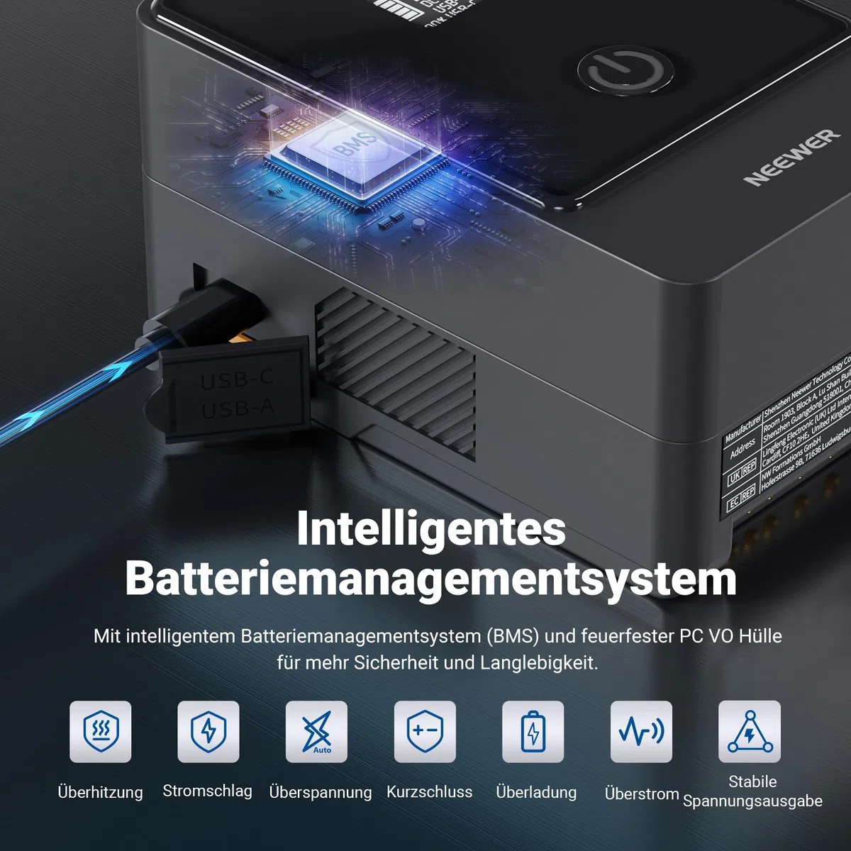 NEEWER Mini V Mount Battery, 6800mAh, 99Wh, 14,5V, Mini V Mount Akku mit 65W PD Typ C/D Tap/BP/USB A/Dual DC Anschluss/OLED Display V Lock Akku für Kamera, Camcorder, Monitor, Videoleuchte, PS099E