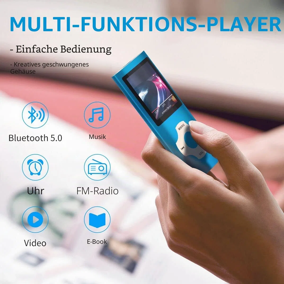 MYMAHDI Bluetooth 5.0 MP3/MP4-Player mit 32 GB Speicherkarte, 1,8 Zoll LCD-Bildschirm, unterstützt bis zu 128 GB, Video/Sprachaufnahme/FM-Radio/E-Book-Reader/Fotobetrachter, Dunkelblau