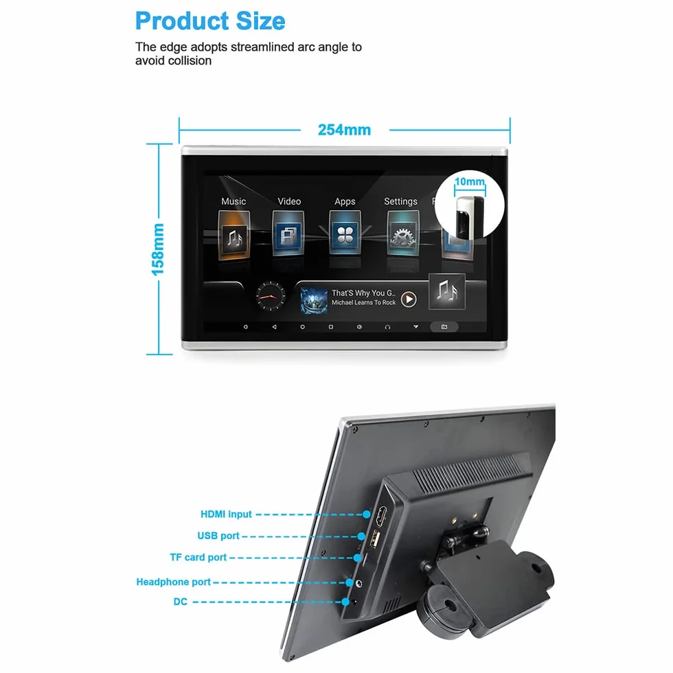 Auto-Kopfstütze WiFi-Videoplayer, Android 9.0 Auto-Rücksitz-TV-Monitore mit Montagehalterung, IPS-Touchscreen-Multimedia-Monitor, Auto-TV, 1080P HD-Video unterstützen, 10.1''