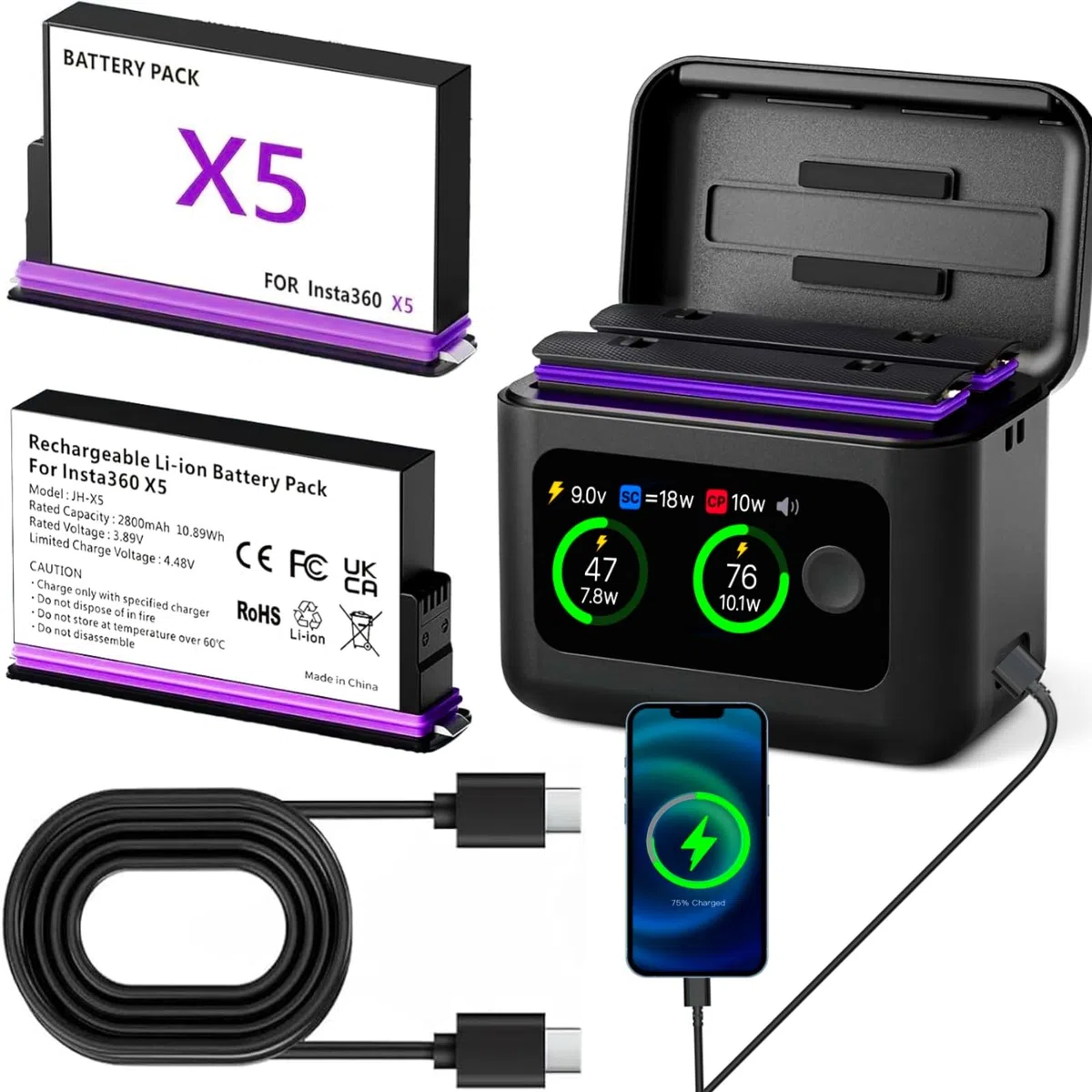 2PCS 360 X5 Akku 2800 mAh mit 2 Steckplatz USB Schnellladung Ladegerät Case Zubehör, LCD Display, Zeigt den Batterie SOC Kompatibel mit Insta 360 X5 Kamera (Insta 360 X5)