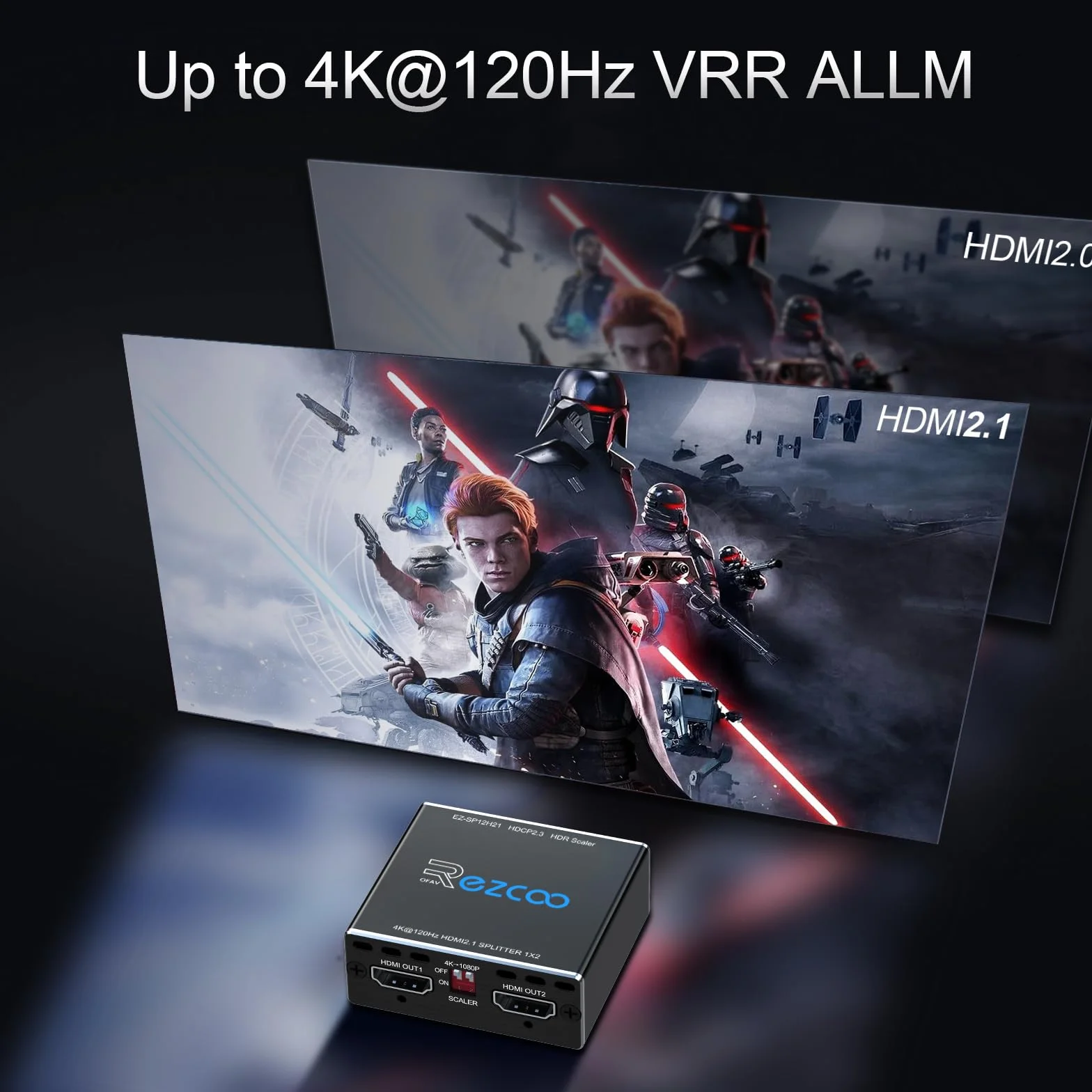 ROFAVEZCO 4K 120Hz HDMI 2.1 Splitter 8K 60Hz 1 in2 Out VRR ALLM HDCP2.3 HDR10 8KUHD Dolby Vision Atmos Scaler 4K 1080P EDID Dual Monitore HDMI Splitter 1X2 für PS5 SkyQ Xbox NVIDIA AMD