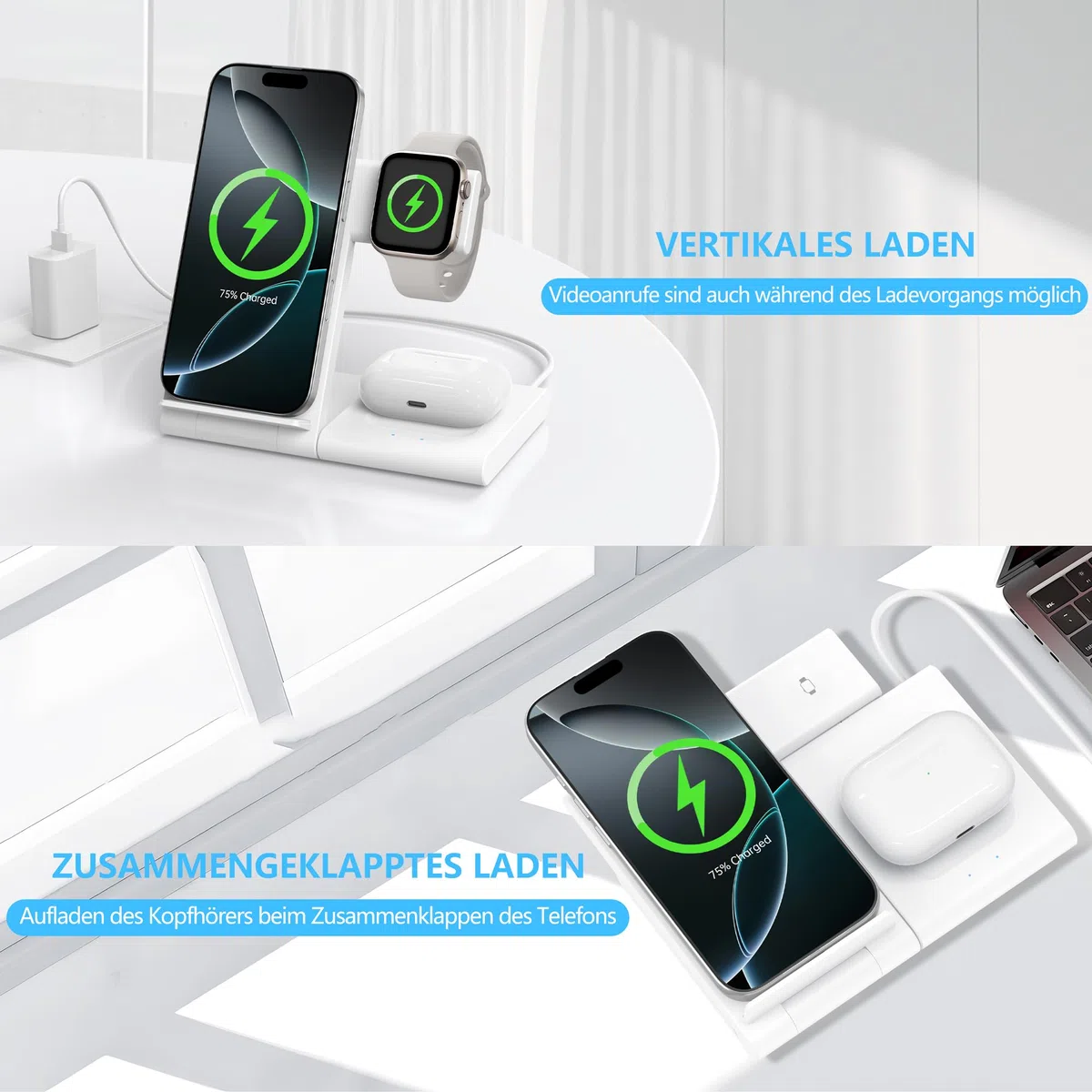 Ladestation Apple Watch und iPhone, 3 in 1 Ladestation für iPhone 17/16/15/14/13/12/11/Pro/Max/Plus, Apple Watch Ultra 3/11/10/9/8/7/6/SE 3, für AirPods 4/3/2/Pro 3 (Weiß)