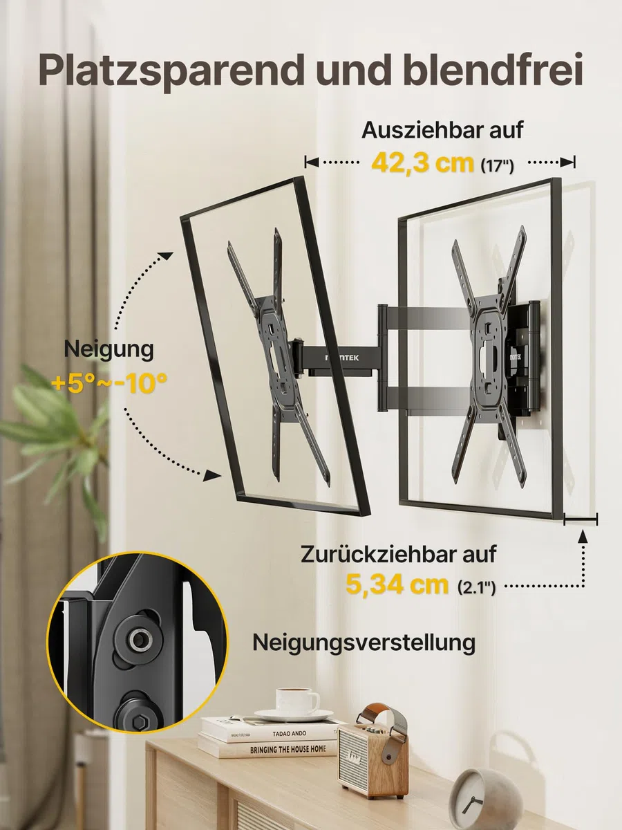 monTEK TV Wandhalterung für 23-65 Zoll Fernseher oder Monitor bis zu 35kg, Schwenkbare Neigbare Full-Motion TV Halterung mit 423mm Auszug, Universal Wandhalterung Fernseher, Max. VESA 400x400 mm