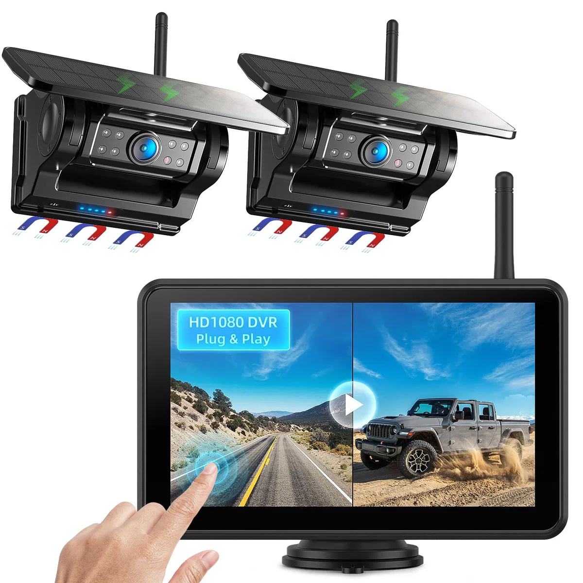 eRapta 2 Magnetisch Solar Rückfahrkamera Kabellos 7" 1080P Touchscreen Monitor 12000mAh Akku IP69K Wasserdicht für Wohnmobil Wohnwagen LKW