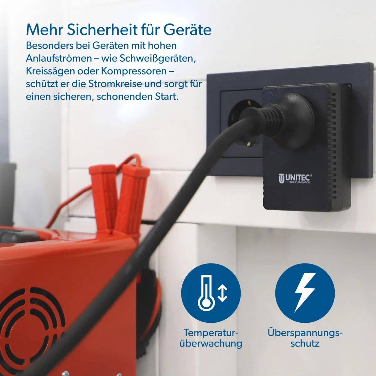 UNITEC Anlaufstrombegrenzer und Einschaltstrombegrenzer (230V ~/ 16A, Zwischenstecker, Strombegrenzer, Überspannungsschutz)