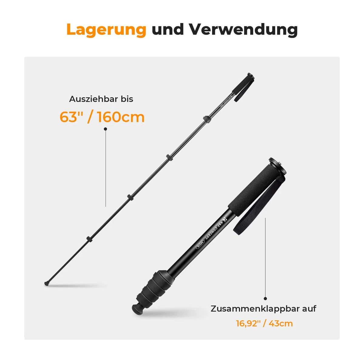 K&F CONCEPT MS16 Einbeinstativ, 63 Zoll Monopod,Stabiles Aluminium-Einbeinstativ mit 5 Sektionen,160cm Reiseeinbeinstativ für DSLR, DSLM und Kompaktkameras,Mit Handschlaufe