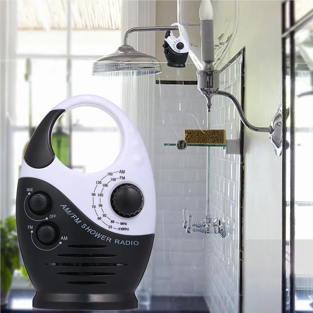 Duschradio, tragbar, zum Aufhängen, wasserdicht, Lautstärke verstellbar, Knopfsteuerung, für Zuhause, Badezimmer, Toilette, Baderadios, Lautsprecher, Schwarz
