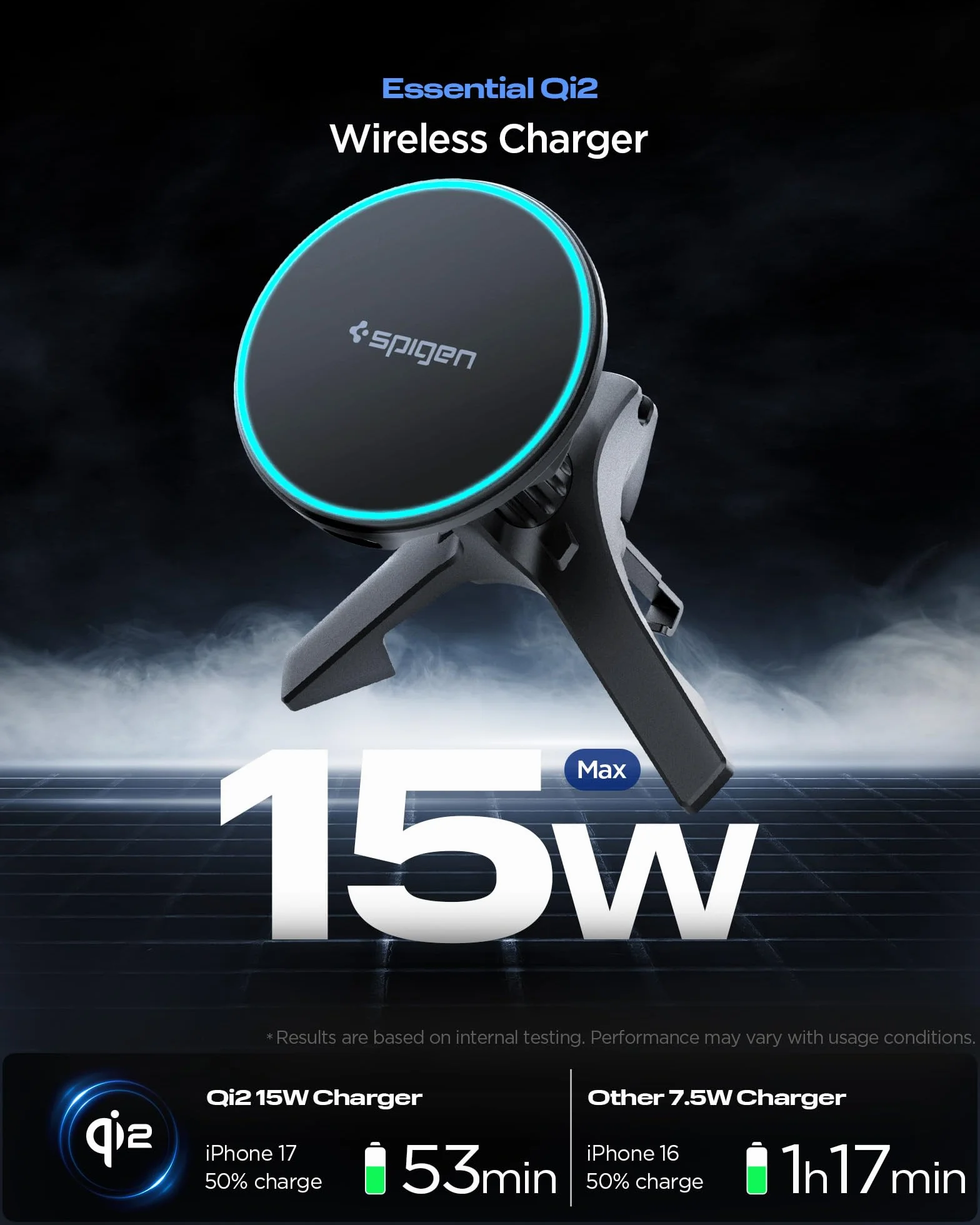 Spigen Essential MagFit Qi2 15W MagSafe Autoladegerät, [inkl. Kabel], LED Kabelloses Autoladegerät, Handyhalter, N52 starker Magnet, Kompatibel mit iPhone 17 16 15 14 13 12 – Lüftung