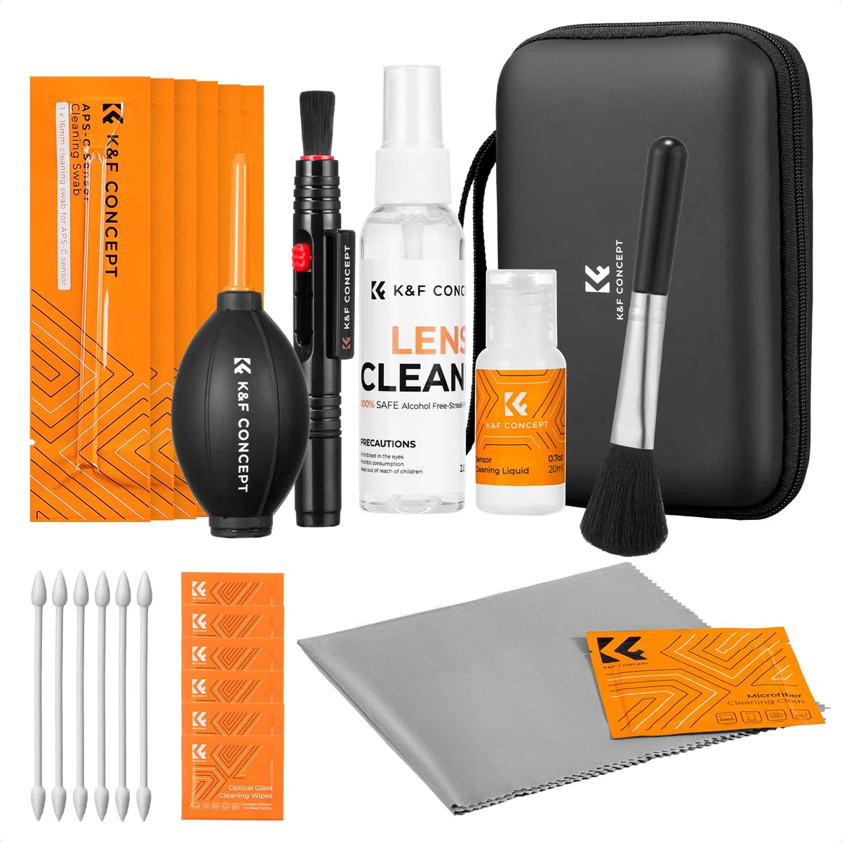 K&F CONCEPT 25 in 1 Kamerareinigungsset für spiegellose Kameras mit APS-C Sensor-Reinigungsstäbchen, 60ML & 20ML Objektivreiniger, Blasebalg, Linsenstift, Mikrofasertüchern und Tragetasche