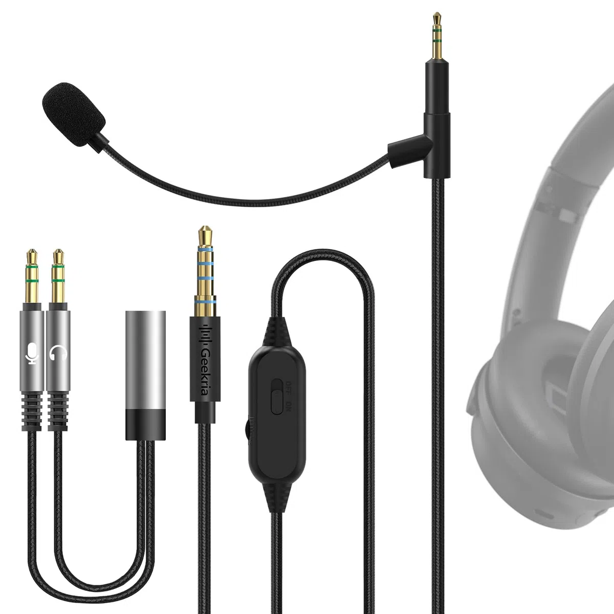 GEEKRIA Boom-Mikrofon-Kopfhörerkabel, kompatibel mit Bose QC Ultra II/SE/45, 700, 2,5-mm-Klinke, Nylon-Geflechts-Ersatzkabel mit Boom-Mikrofon für Gaming & Meetings (5,6 ft)