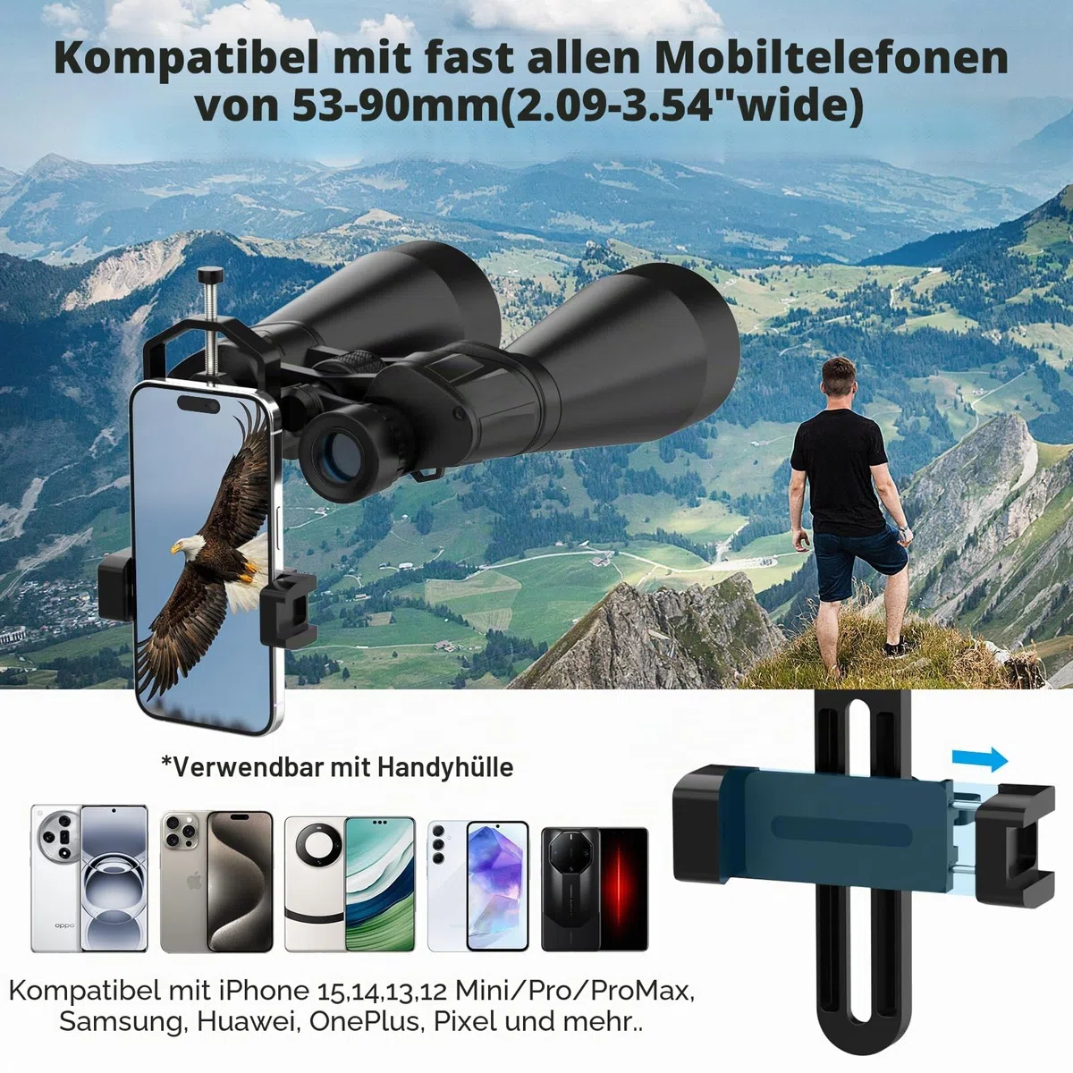 Spektiv Handy Adapter - Telefon-Zielfernrohrhalterung für Telefon (53mm to 90mm) Telefonhalterung für Teleskop, Fernglas, Mikroskop, für Okulare mit einem Durchmesser von (24mm to 52mm)