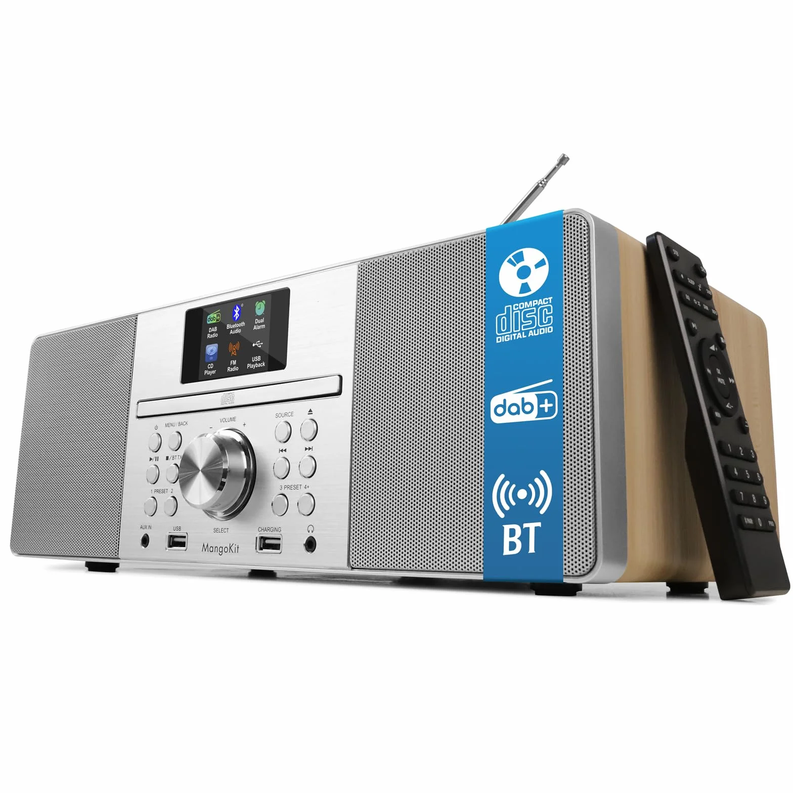 MS1 CD Player,DAB/DAB+und UKW Radio, Bluetooth, leistungsstarkem Stereo-HiFi-System,Farbdisplay,60 Speicherplätzen, Fernbedienung, Gehäuse aus Akustikholz, AUX In, USB Wiedergabe & Aufladungn