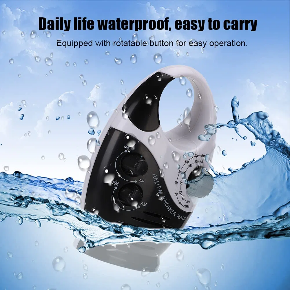 Yunseity Wasserdichtes Duschradio, Tragbares AM-FM-Radio mit Hakendesign, Batteriebetriebenes Radio, Eingebauter Lautsprecher, für Badezimmer, Küche, Außenbereich (Schwarz)