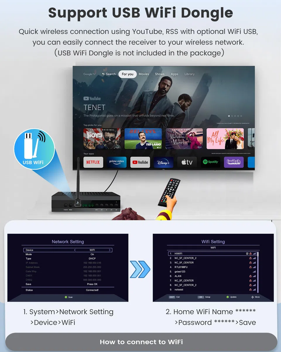 DVB HD HDMI TV-Receiver, TDT DVB-T2 H265 HEVC FTA, PVR, USB, MPEG-2/4, Digitaler SCART, Full HD 1080p Terrestrischer Digital-Tuner, Kompatibel Mit Android (2024 Neu)