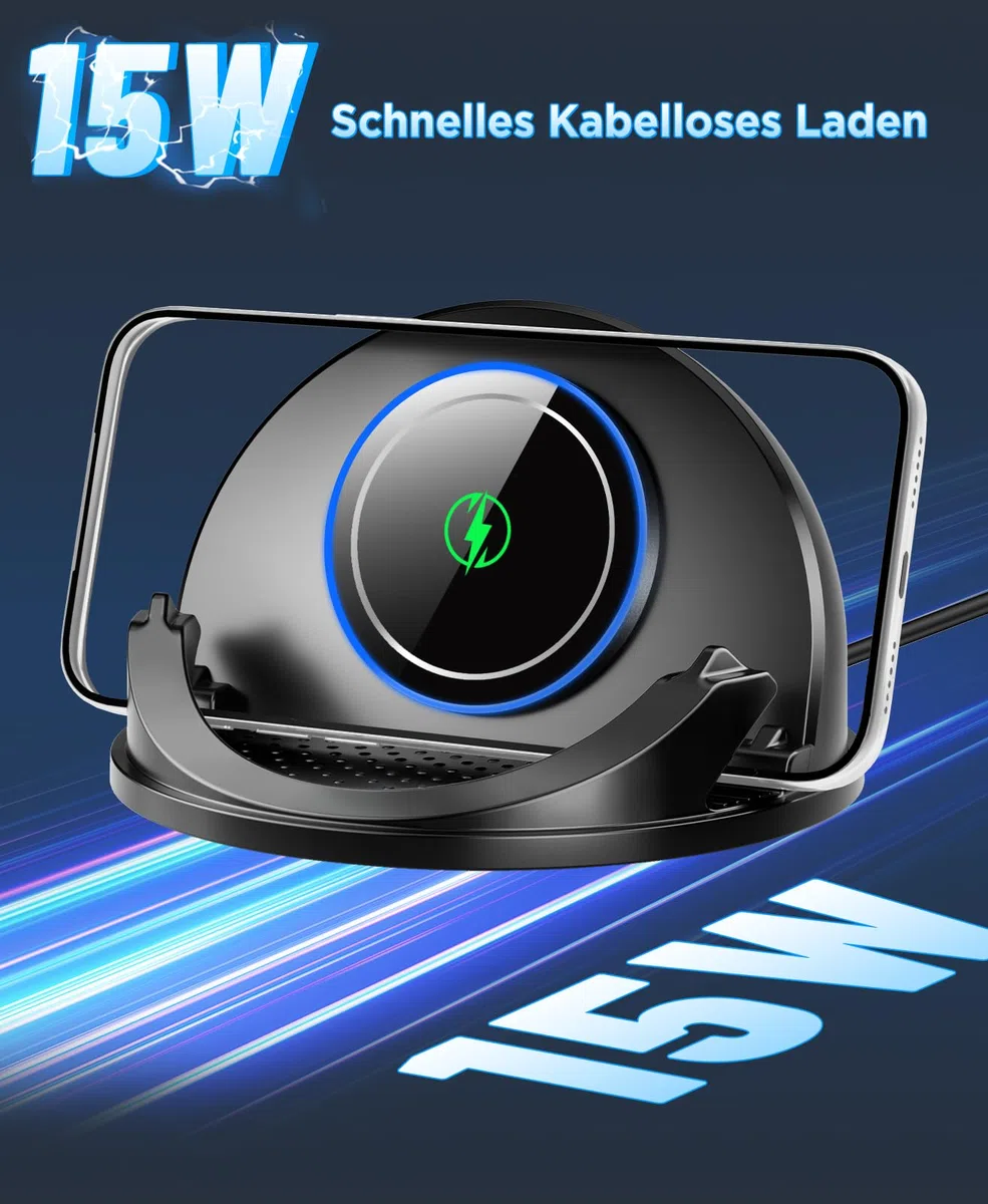 Beeasy 15W Handyhalterung Auto mit Ladefunktion, [2026 Kühlung Lüfter] Qi Induktive Ladestation Auto Handy Halterung Armaturenbrett, Wireless Charger Kfz für iPhone Samsung Smartphone
